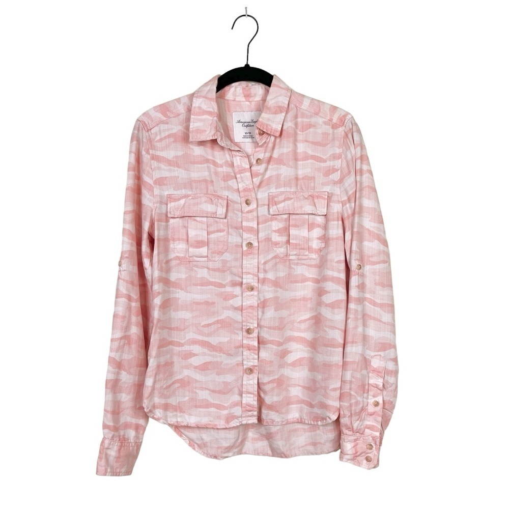 American Eagle Women's Pink Camo Button Up Shirt Lyocell Roll Tab Sleeve Size XS
